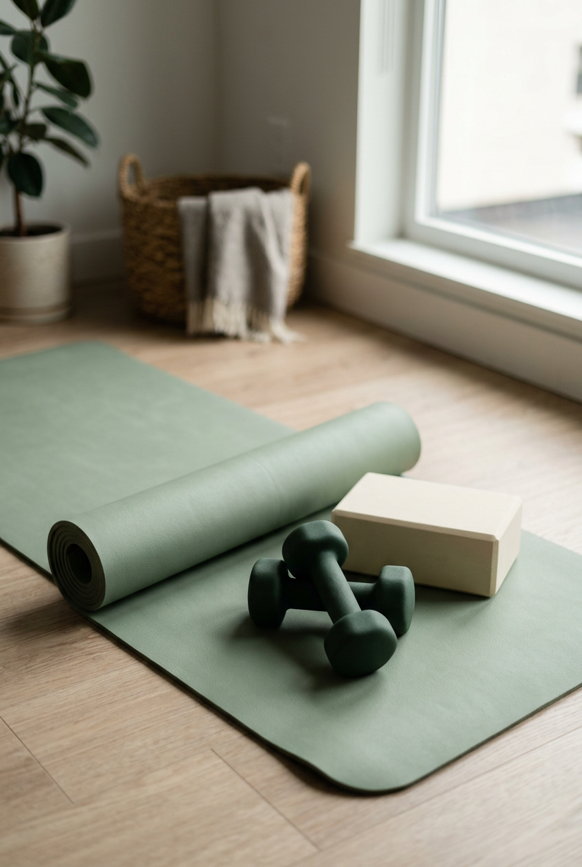Green yoga mat with black dumbbells, a white block, and a wicker basket with a towel inside near a window in a bright room.