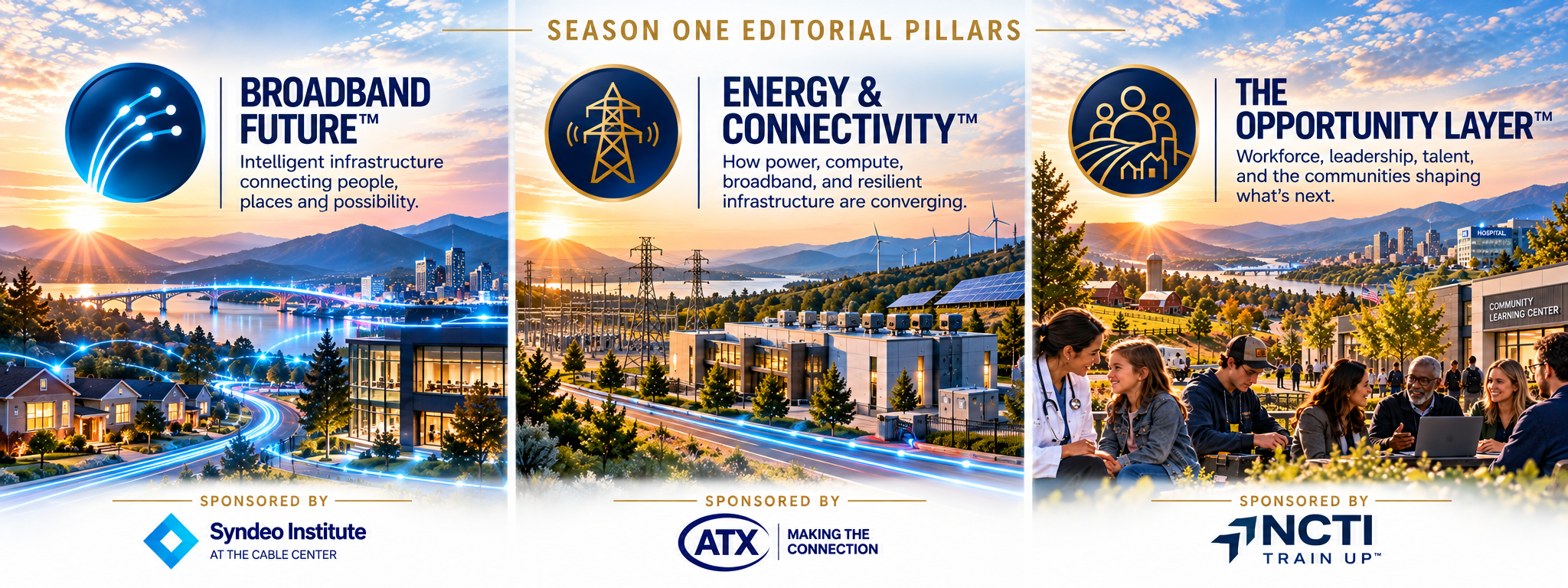 The three editorial pillars of Influential Voices in Technology™: Broadband Future™, Energy & Connectivity™, and The Opportunity Layer™.