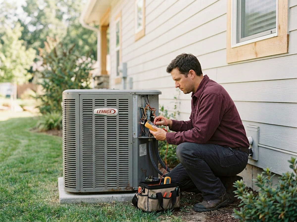A man in a maroon shirt working on an outdoor HVAC unit with a multimeter, kneeling on the grass beside a house.
