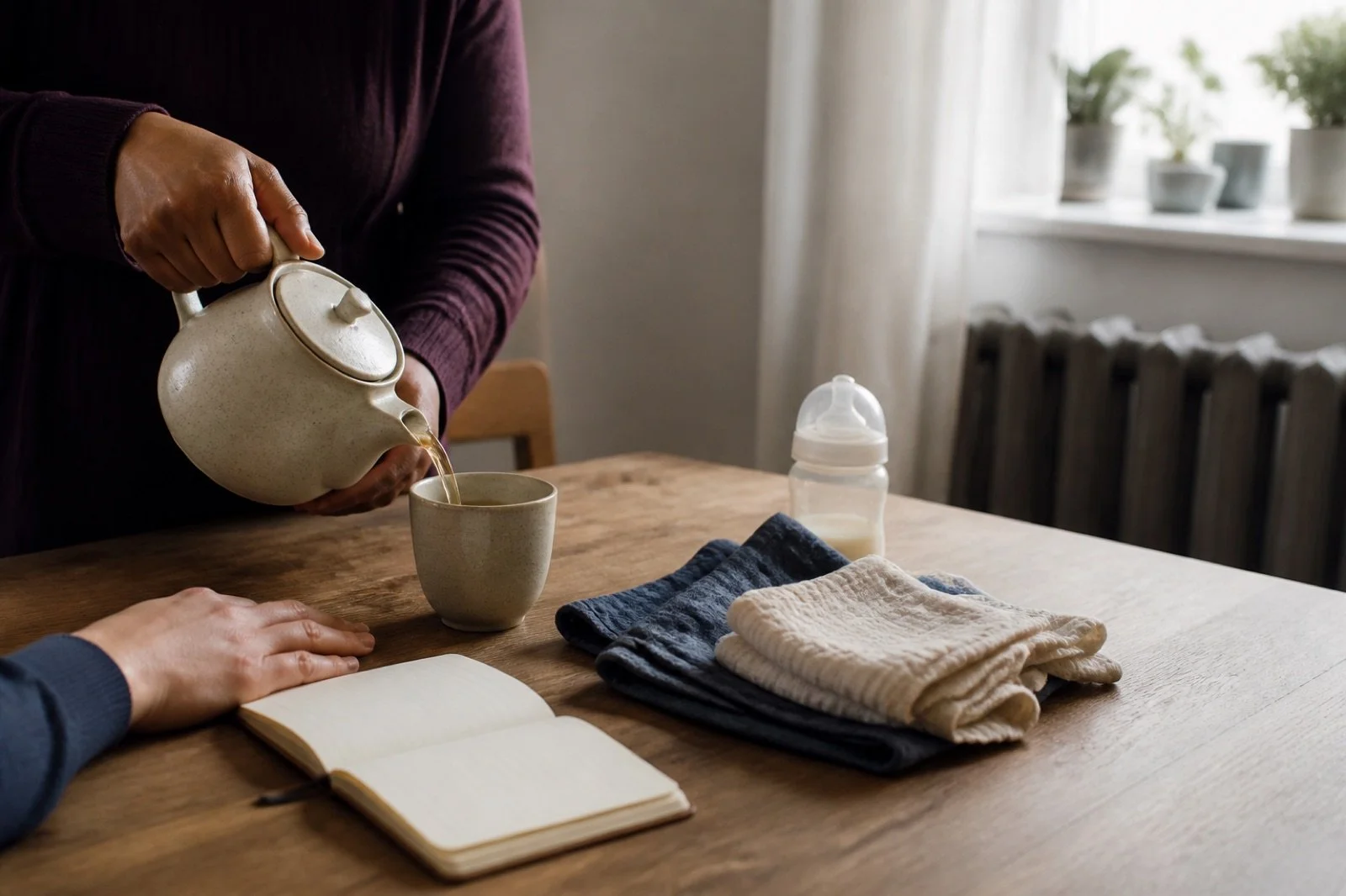 Tea, newborn linens, and feeding supplies ready at home