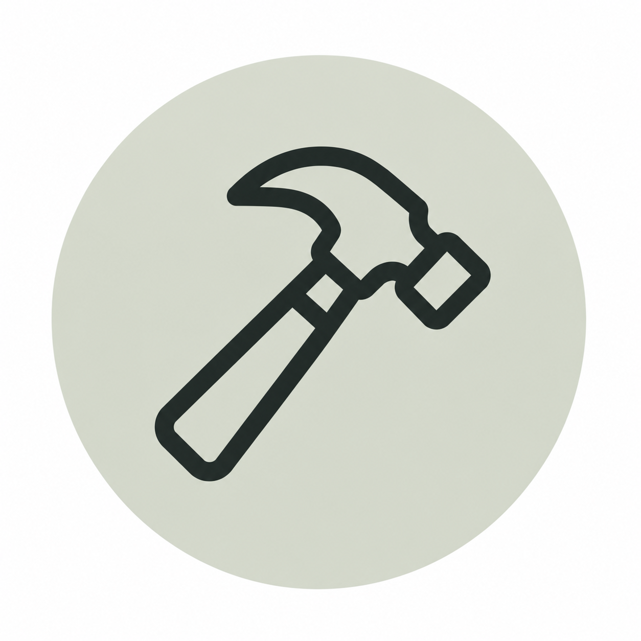 Icon of a hammer in black outline on a light gray circular background.