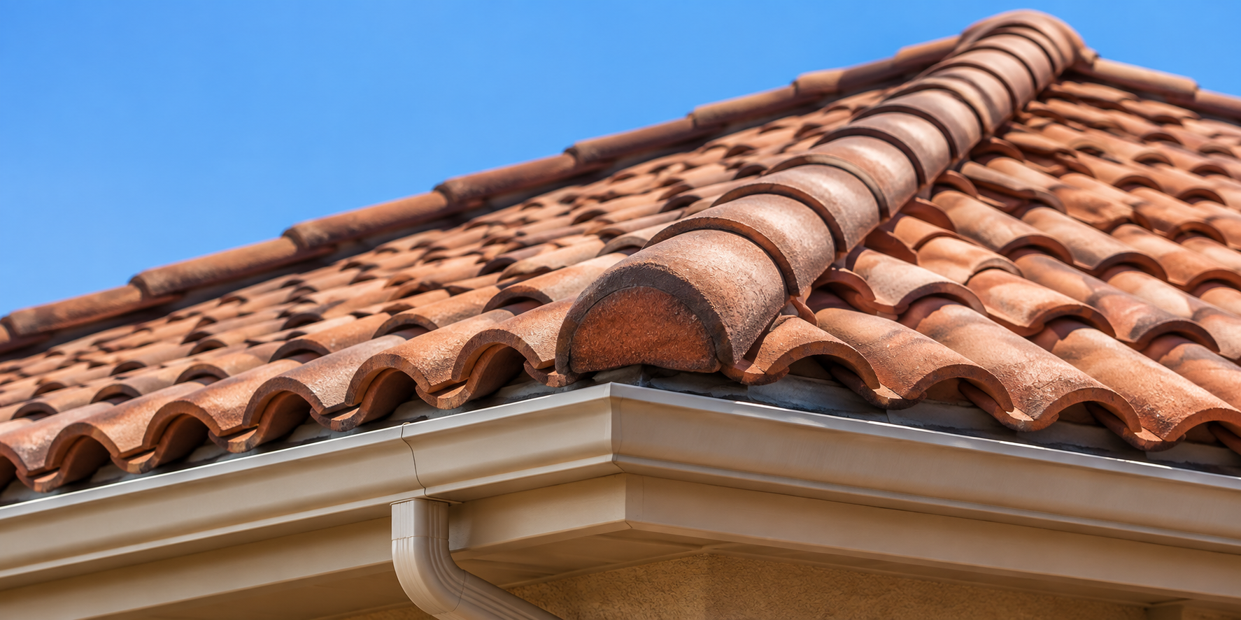 Close-up of a house roof with curved terracotta tiles under a clear blue sky.