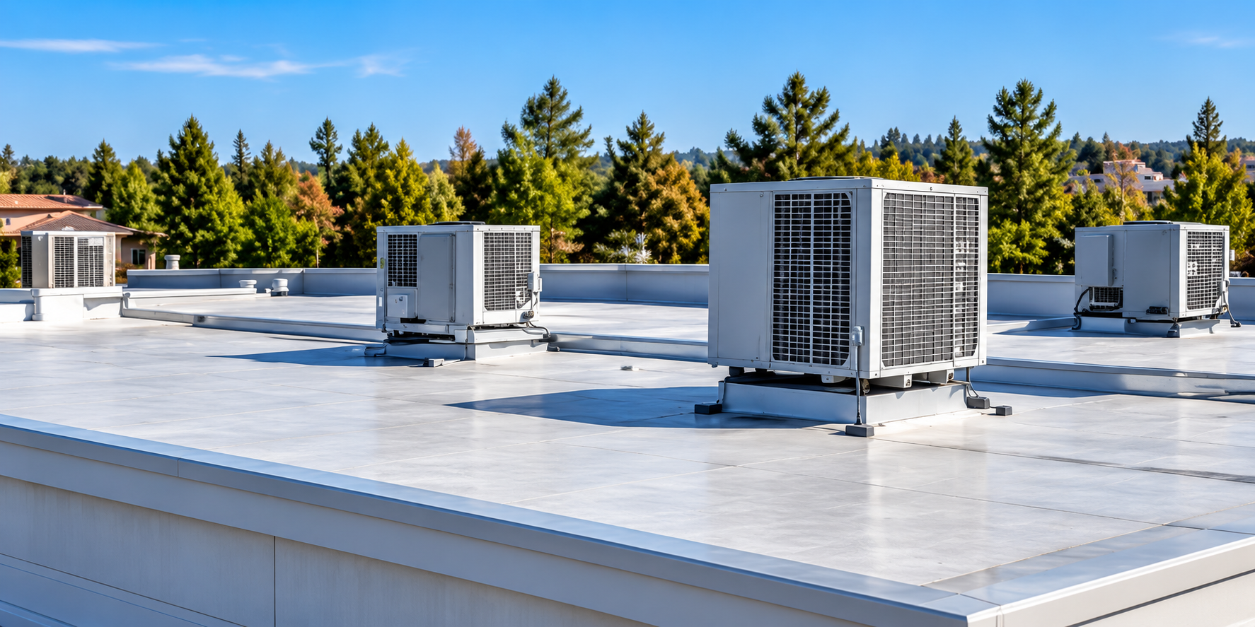 Flat rooftop with four large commercial air conditioning units, background of evergreen trees and blue sky.