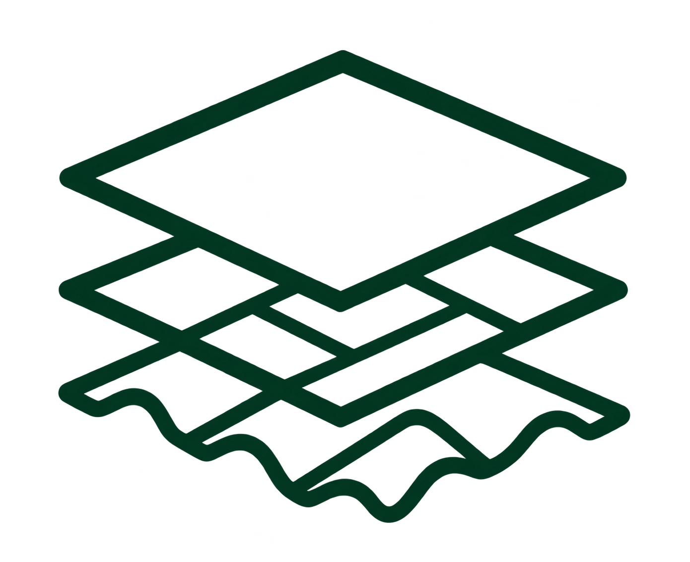 A wireframe illustration of a 3D layered structure with rectangular shapes and a wavy base.