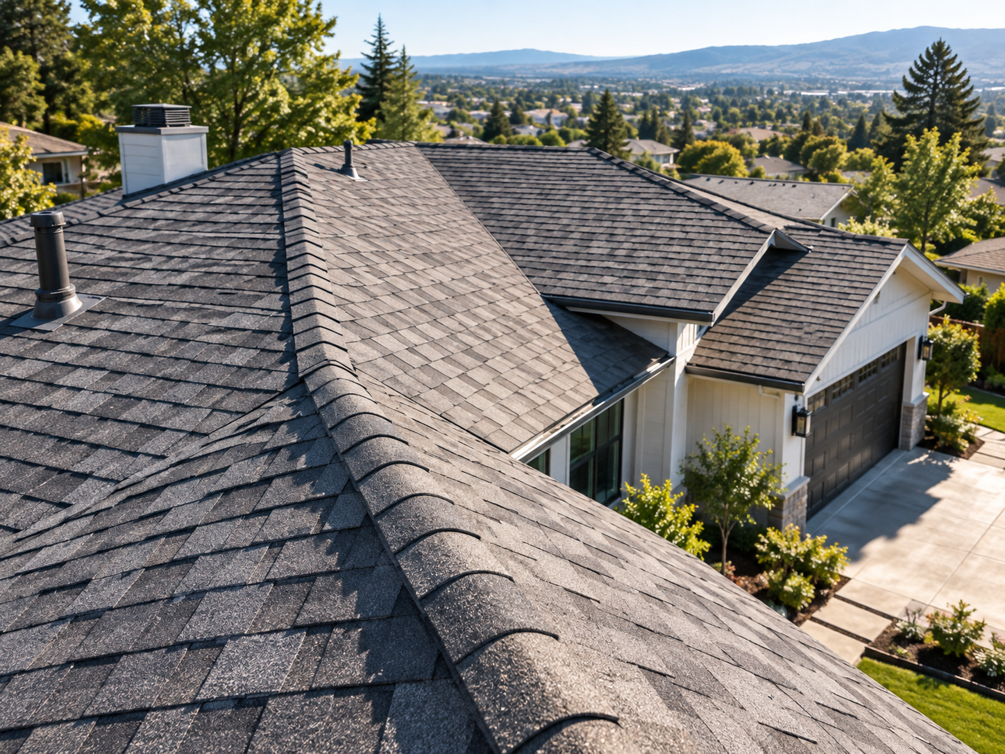 View of a residential house roof with asphalt shingles and surrounding neighborhood with trees and distant mountains.