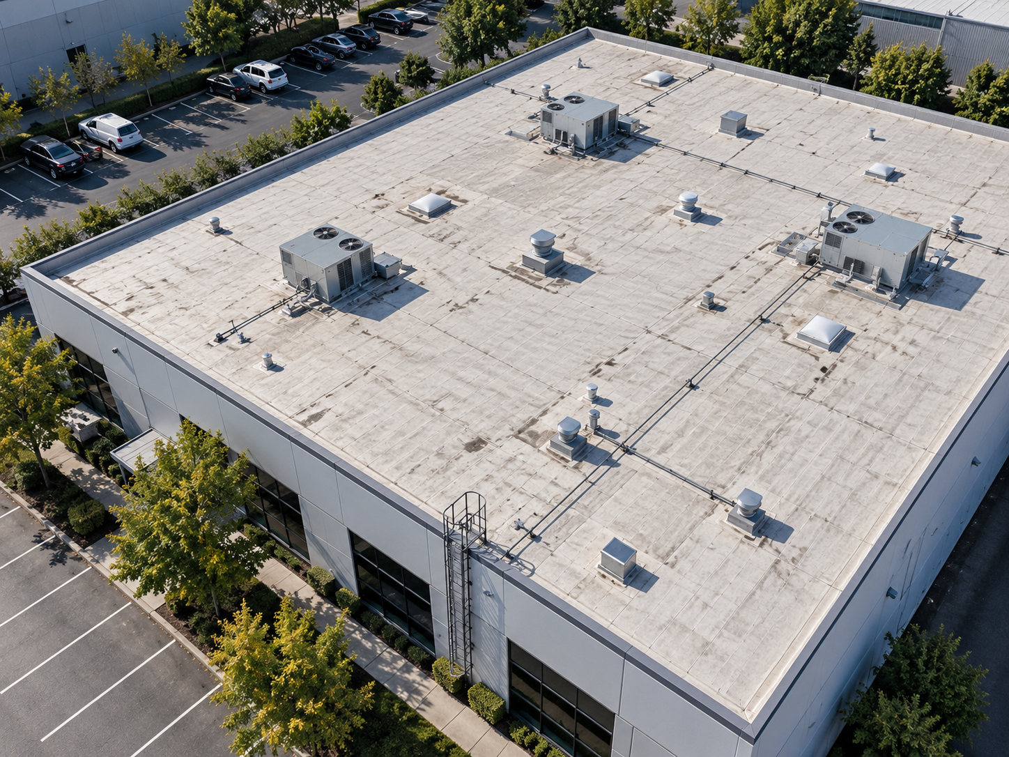 Aerial view of a flat rooftop with HVAC units and venting, adjacent to a parking lot with parked cars and green trees.