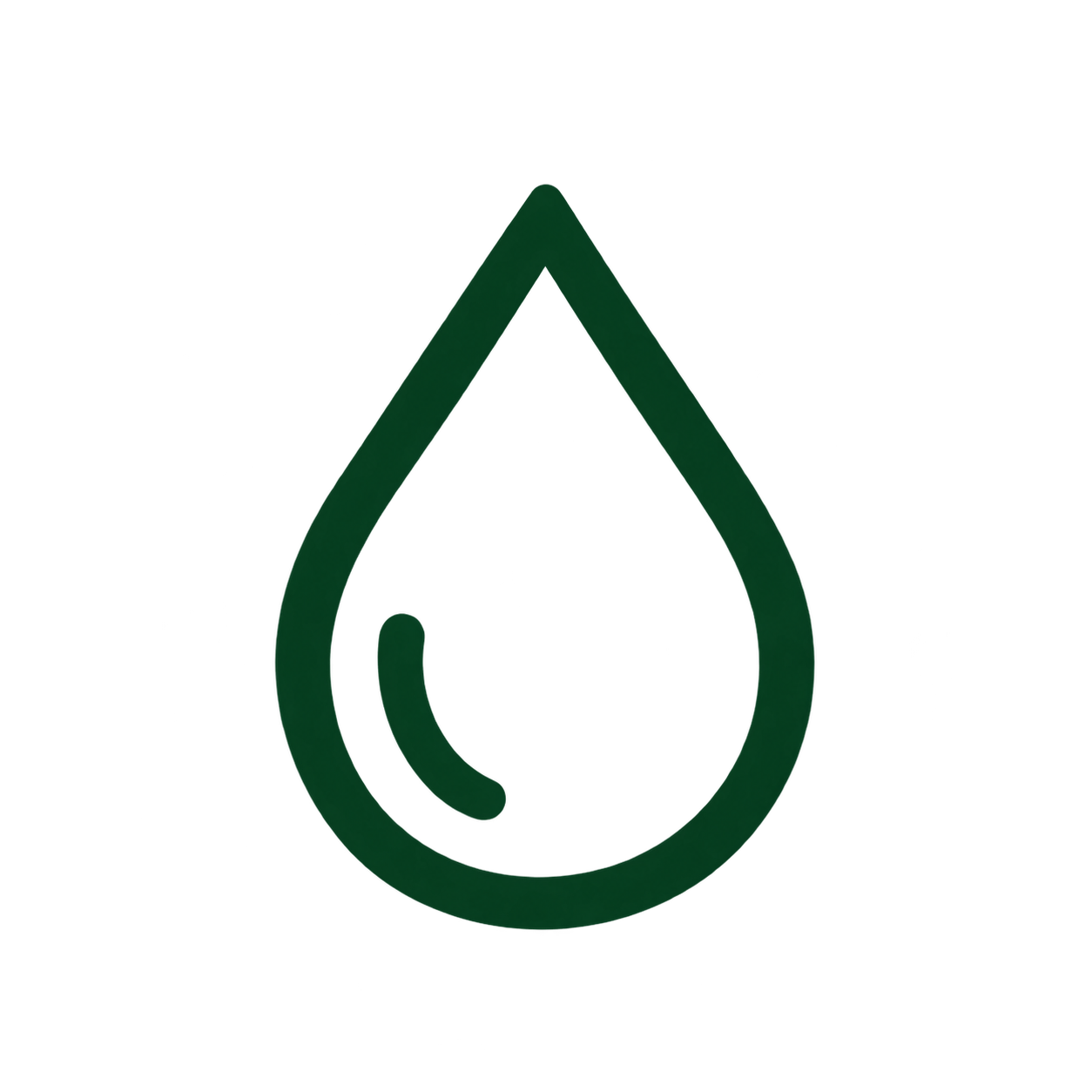 A stylized, dark green water droplet icon with a curved line inside.