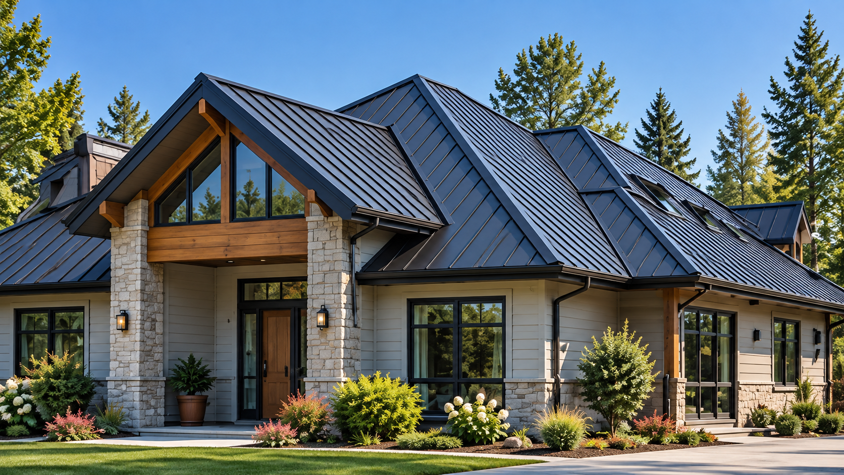 A modern house with a metal roof, stone and siding exterior, surrounded by well-maintained garden with various plants and flowers, and set against a backdrop of green trees and a clear blue sky.
