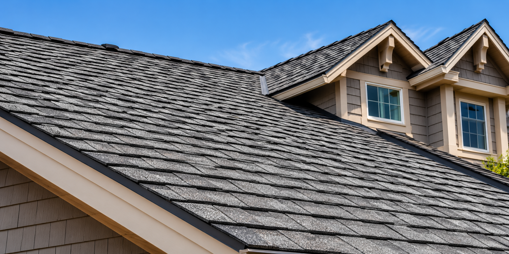 Close-up of a house roof with gray asphalt shingles, part of a windowed second story, and blue sky in the background.