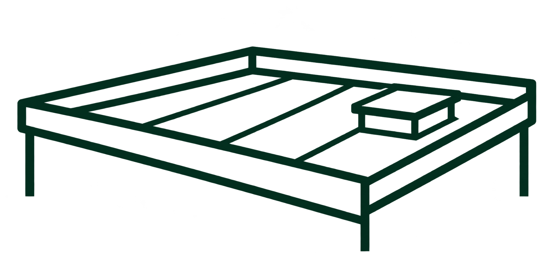 Outline drawing of a rectangular table with a grid pattern on its surface and a small rectangular box on top.
