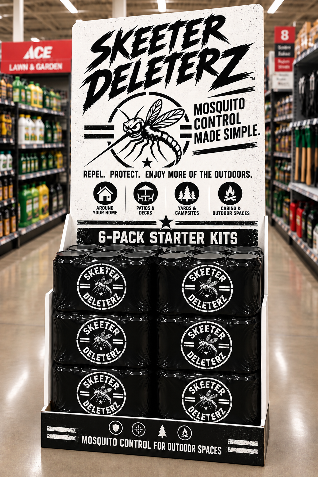 Display stand for skeeter deleterz mosquito control starter kits, featuring a mosquito illustration and product information in a retail store aisle.