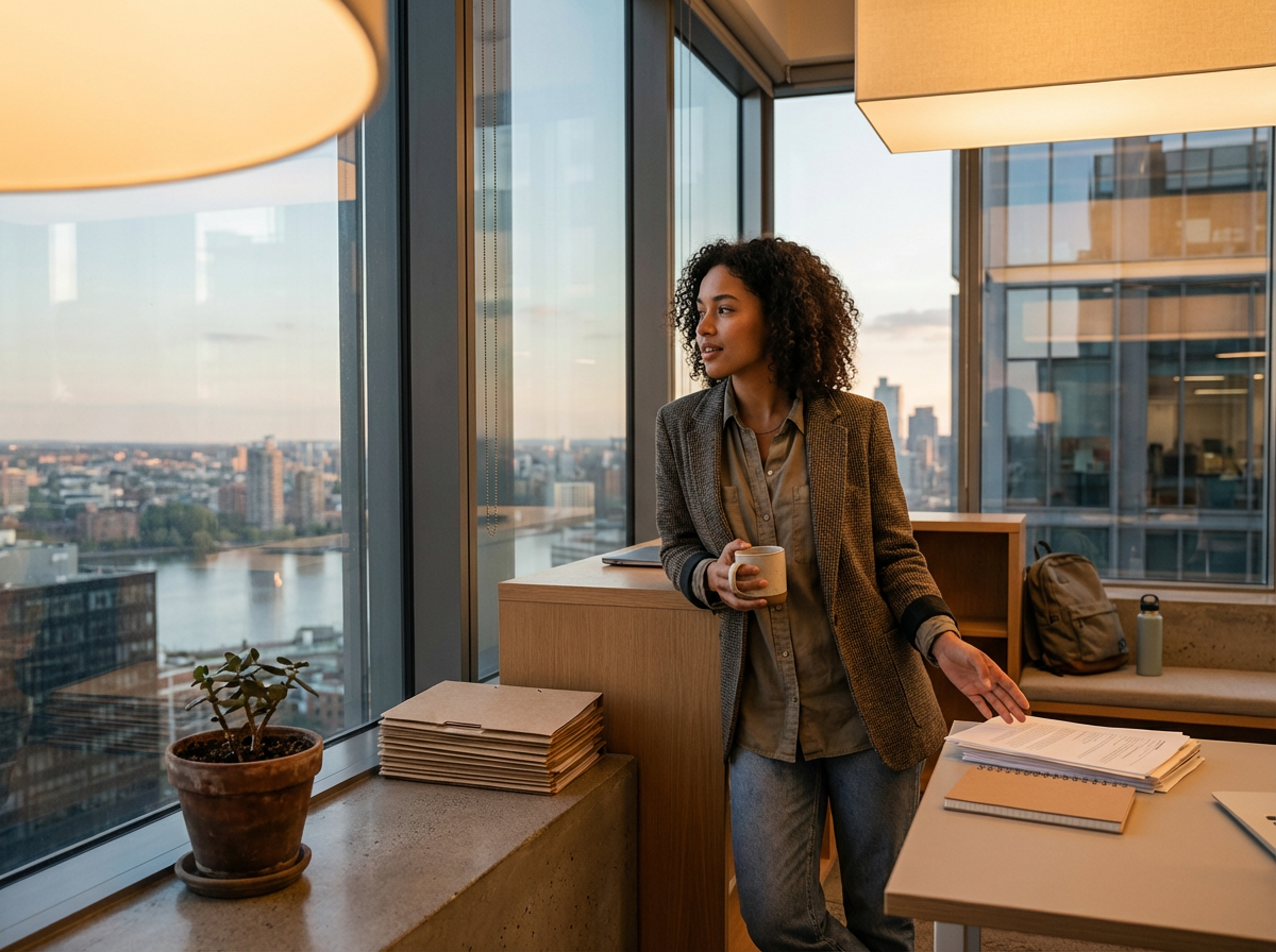 A woman with curly hair holding a coffee mug standing in an office with large glass windows, overlooking a city skyline with buildings and a river during sunset.