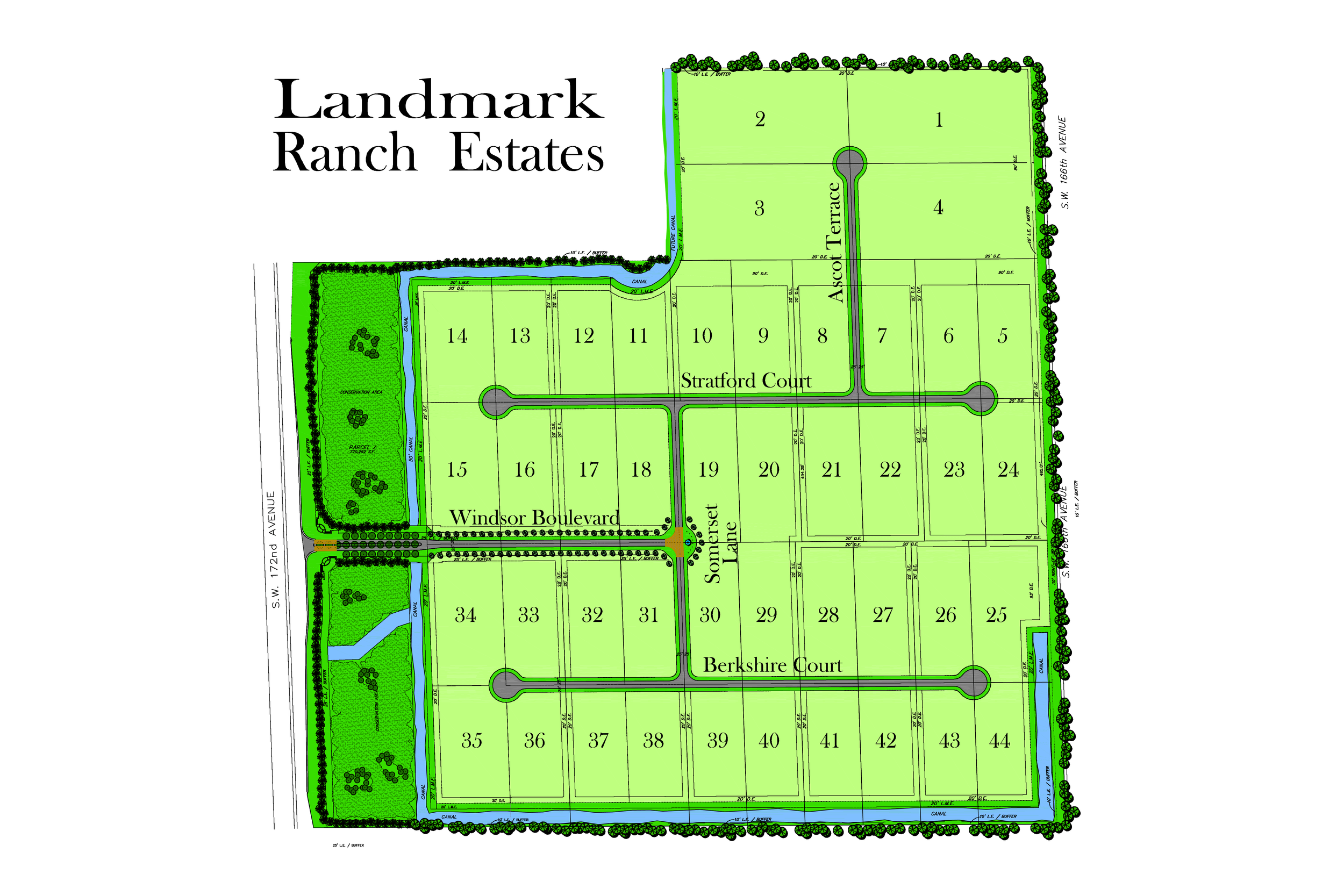 A detailed map of Landmark Ranch Estates showing the layout of plots, roads, water features, green areas, and surrounding streets.