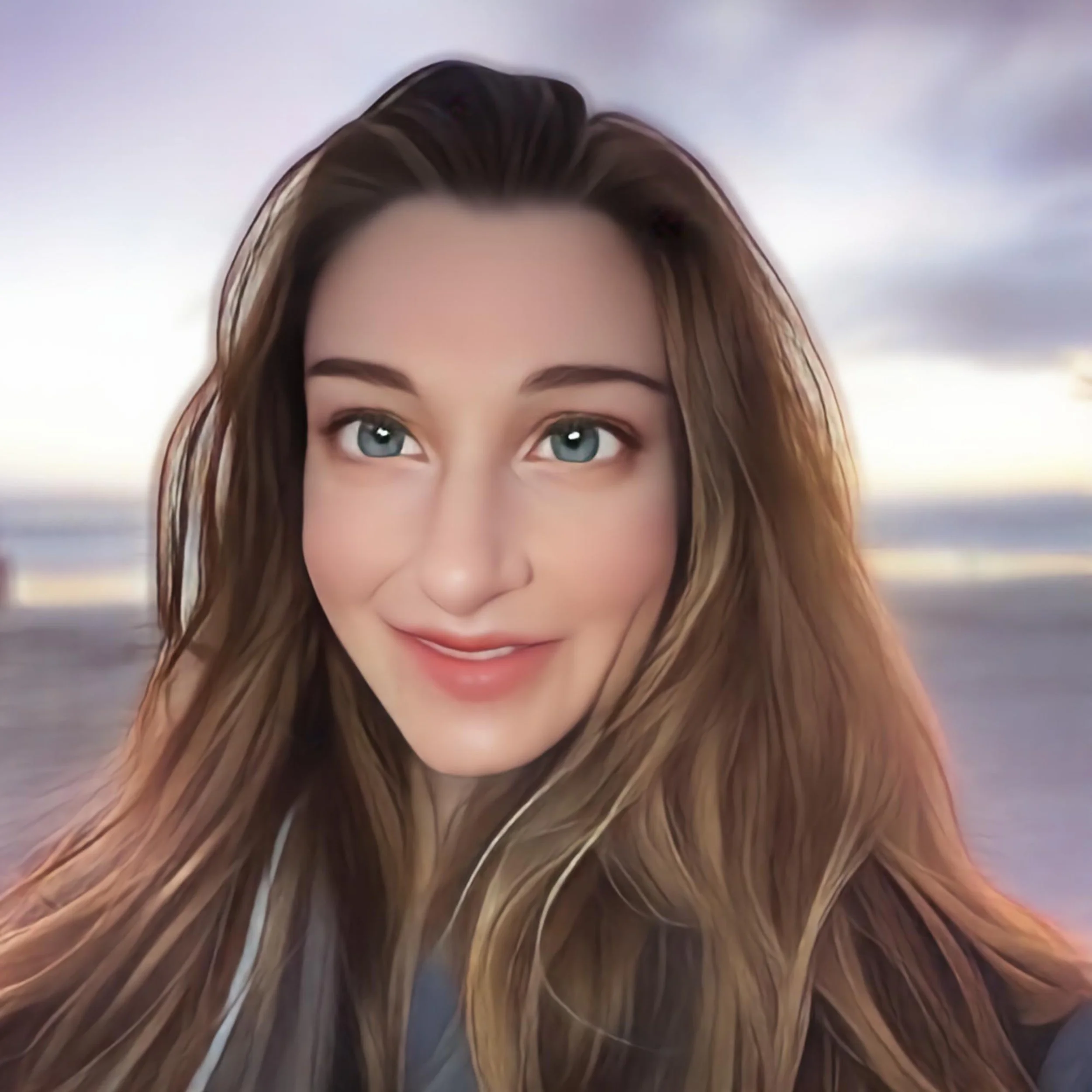 Close-up of a young woman with long, wavy brown hair and blue eyes, looking upwards.