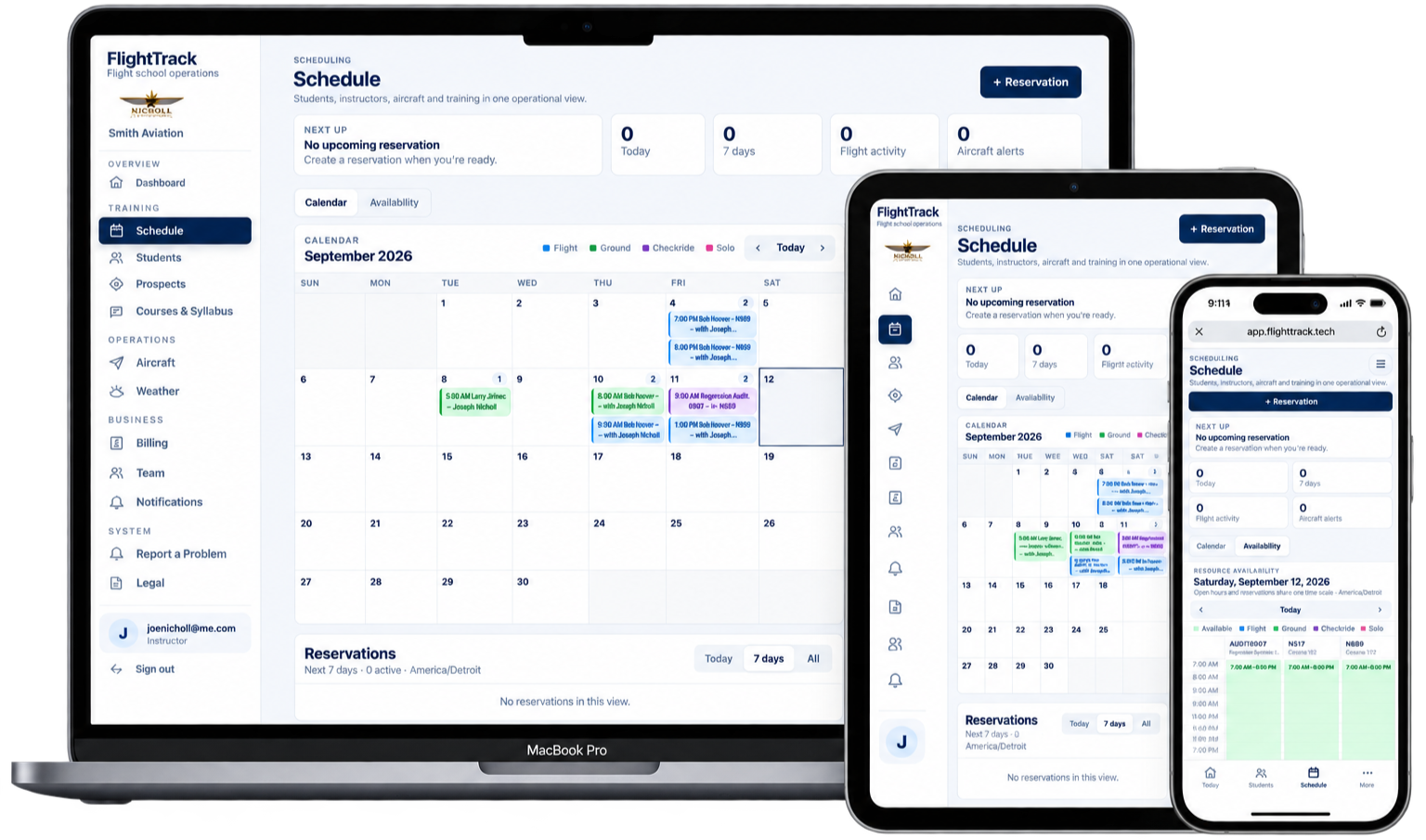 Screenshots of FlightTrack software on a MacBook, tablet, and smartphone showing scheduling and reservation management features for flight school operations in September 2026.