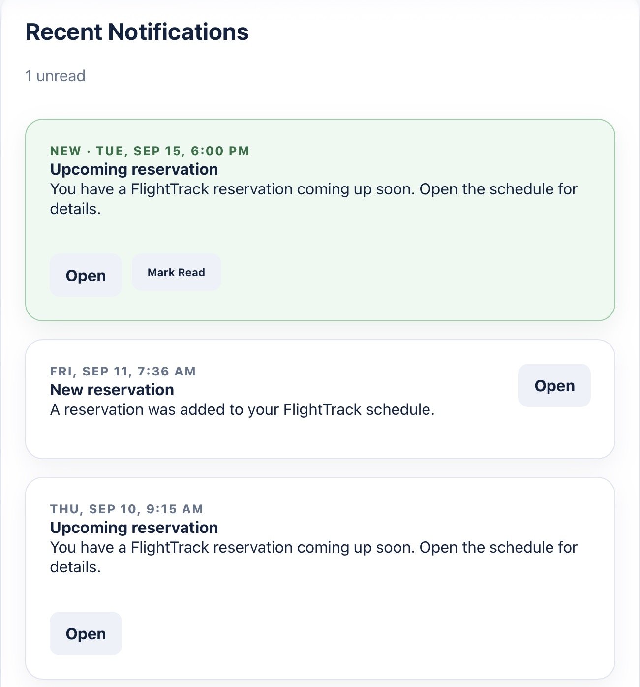 Screenshot of an email inbox showing recent FlightTrack reservation notifications with dates, times, and status updates.