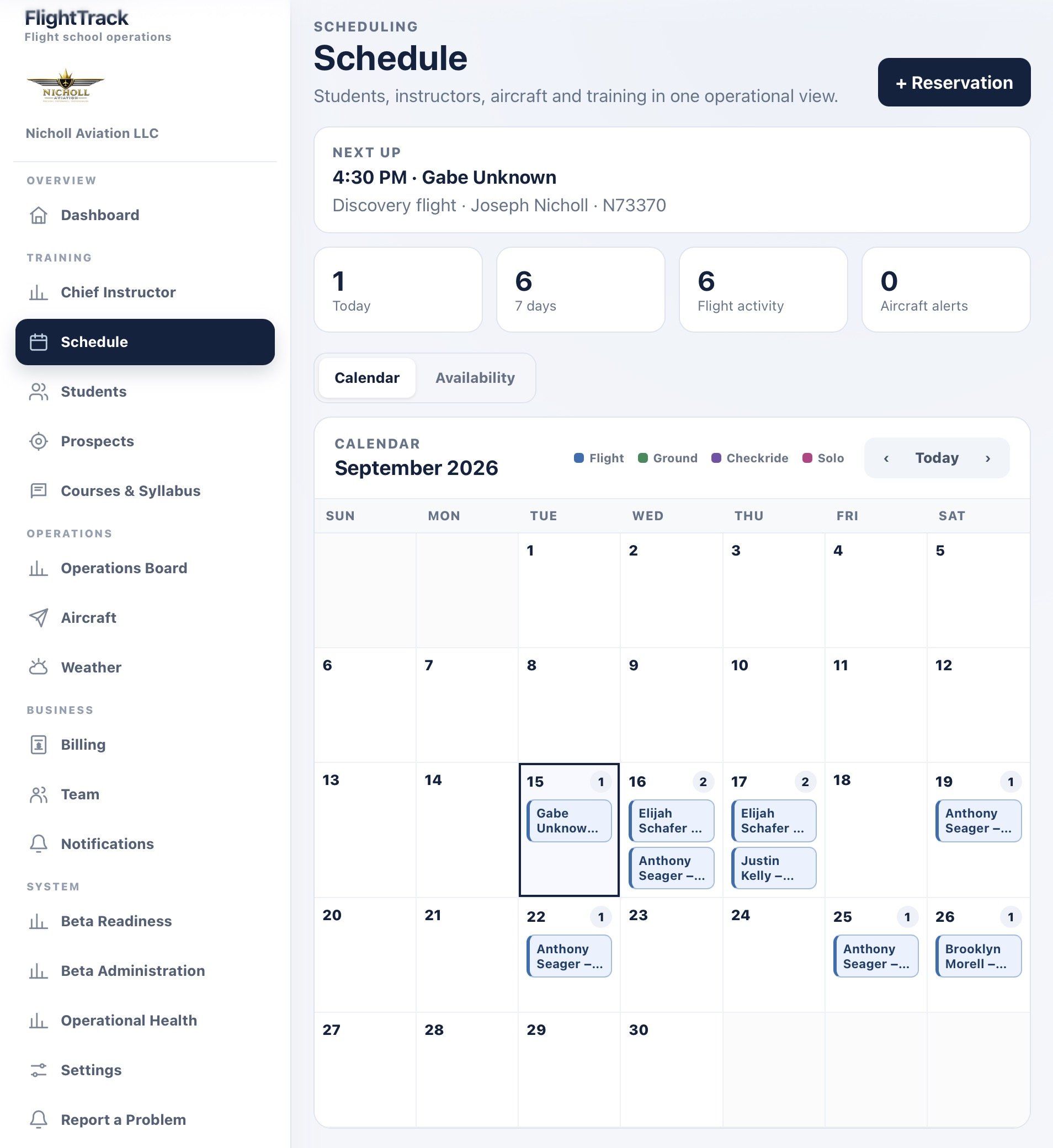 Screenshot of a flight training scheduling dashboard showing a calendar for September 2026 with scheduled flights and trainee names, along with menu options on the left for an aviation school's operations system.