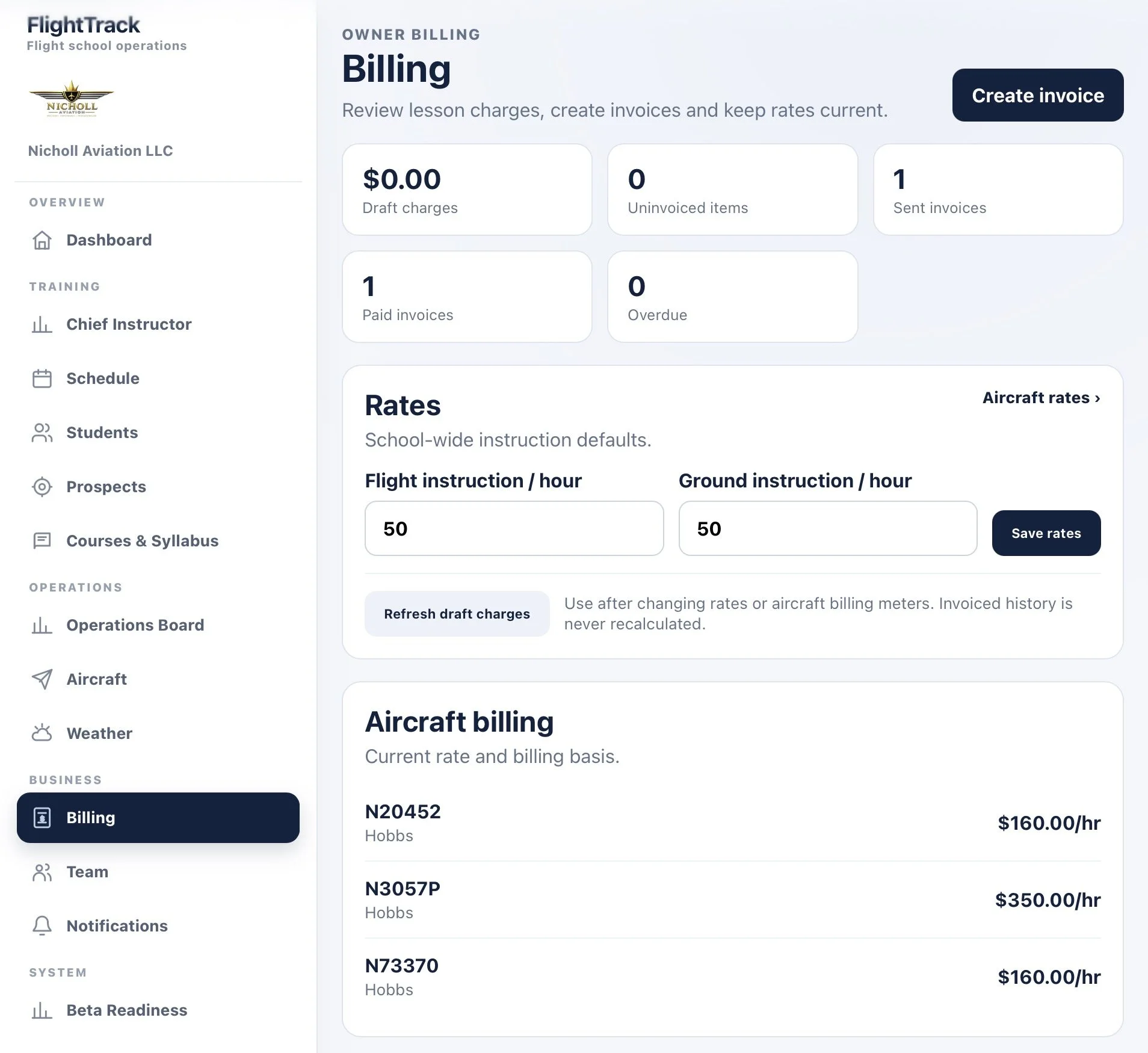 Screenshot of an aircraft billing dashboard within a flight school management application, showing charges, rates, aircraft information, and user navigation menu.