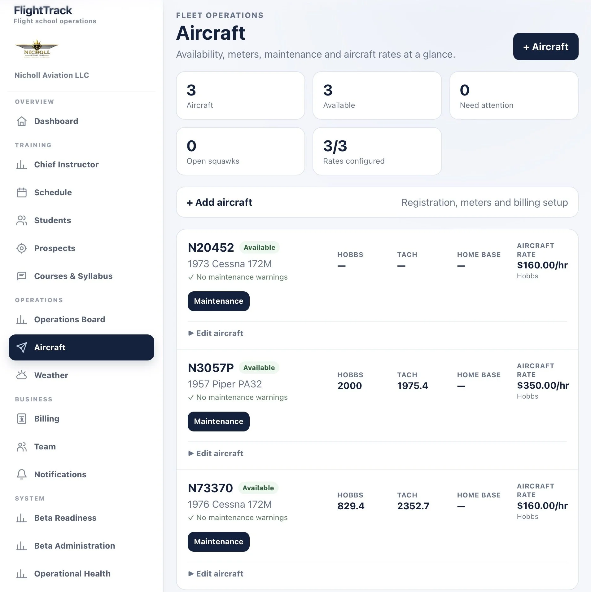 Screenshot of an online dashboard for flight school operations. It shows details about aircraft including their model, status, and rates. The menu on the left lists options such as Dashboard, Training, Business, and System.