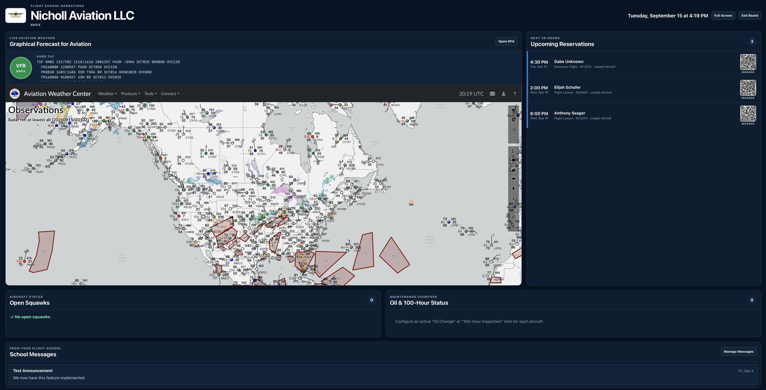 A flight operations dashboard showing a map of North America with various aircraft and weather observations, upcoming reservations, and flight school messages.