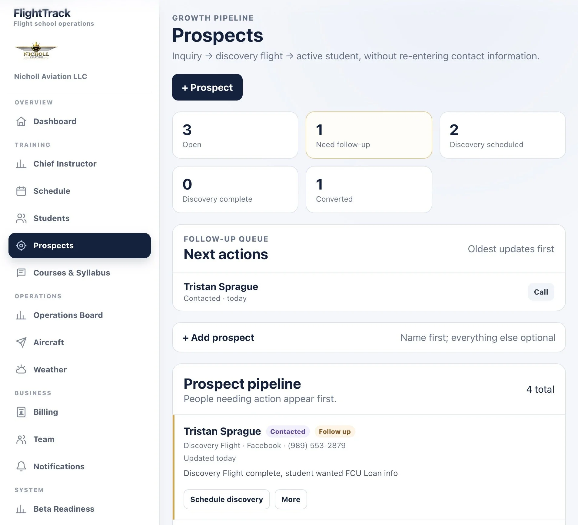 Screenshot of a flight training management software dashboard with menu options on the left and prospect detail on the right. Menu includes Dashboard, Chief Instructor, Schedule, Students, Prospects, Courses & Syllabus, Operations Board, Aircraft, Weather, Billing, Team, Notifications, System, Beta Readiness. The prospect section shows statuses like open, need follow-up, discovery scheduled, discovery complete, and converted, along with names and contact info of prospects including Tristan Sprague.