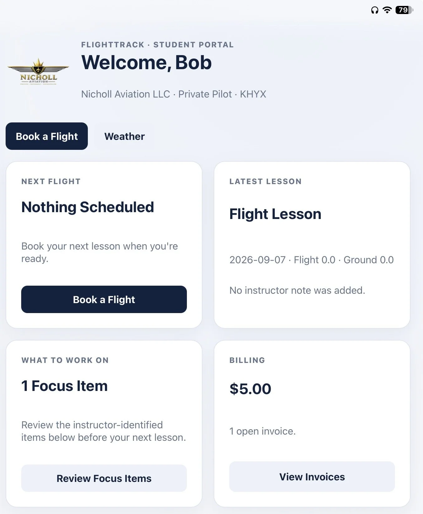 Screenshot of a flight training student portal with options to book a flight, view weather, review focus items, and invoices, displaying the user 'Bob' and details of a flight lesson scheduled for September 7, 2026.
