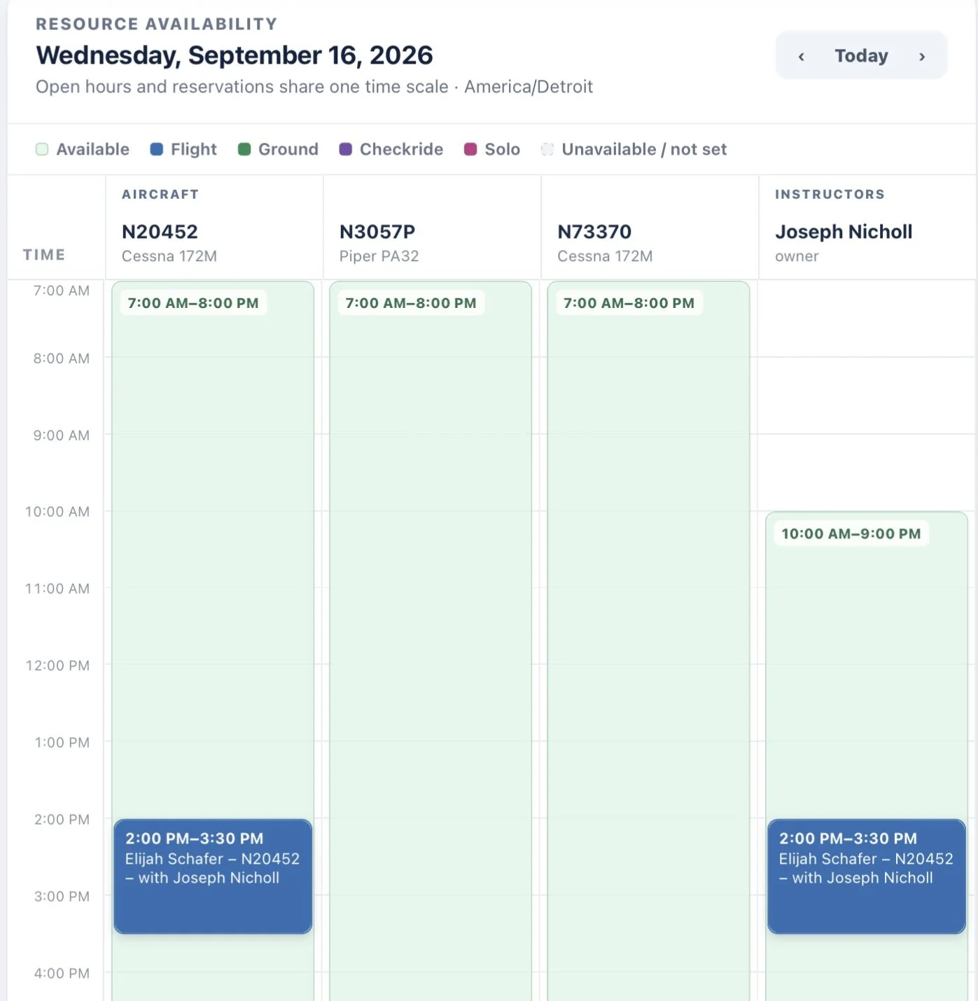 A calendar schedule for September 16, 2026, showing flight reservations for Elijah Schafer and Joseph Nicholl with time slots from 7:00 AM to 3:30 PM and 10:00 AM to 9:00 PM for the last flight.
