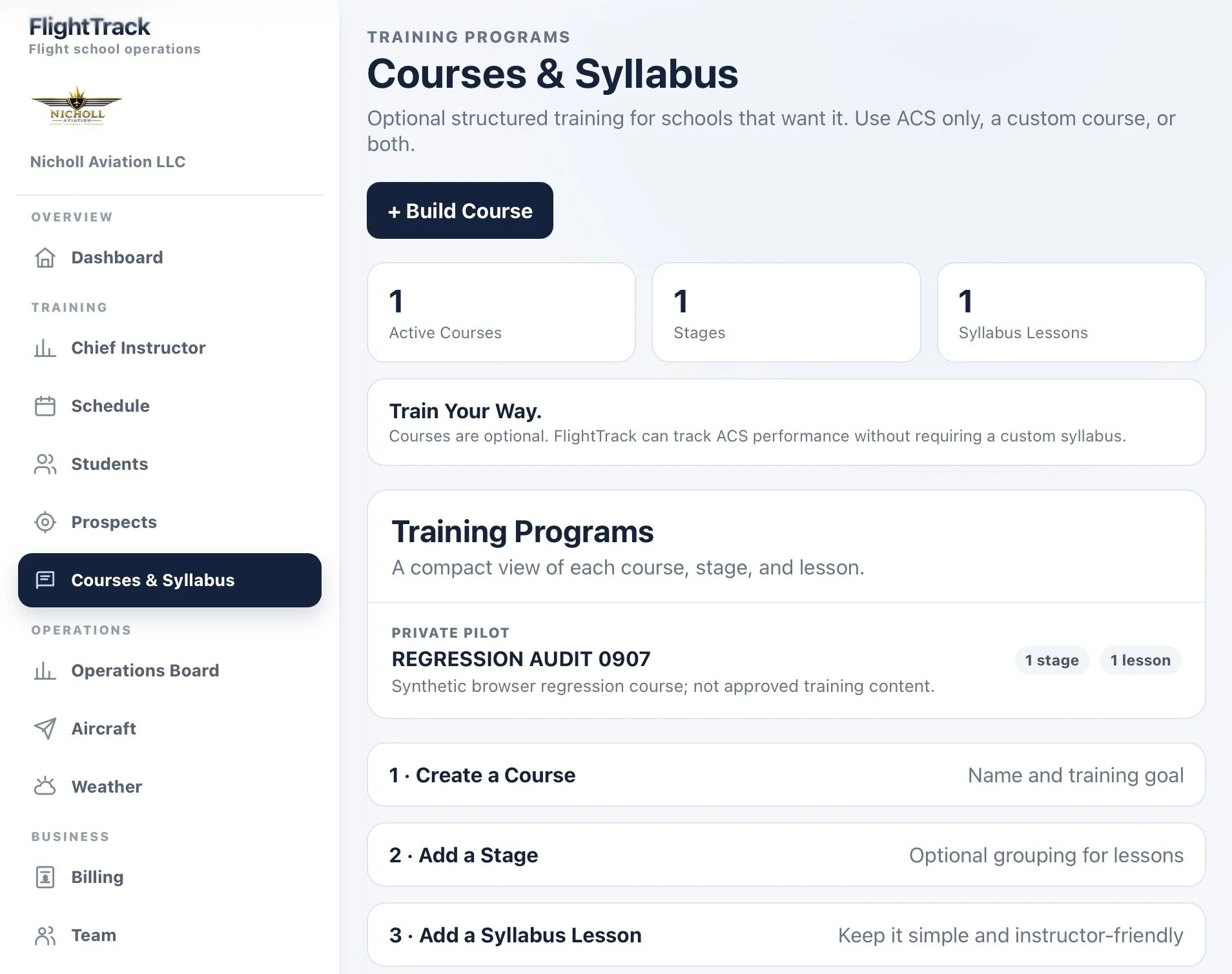 Screenshot of a flight training platform dashboard showing sections for courses, syllabus, operations, aircraft, weather, billing, and team. The main content area details training program options, including creating courses, adding stages, and syllabus lessons, with descriptions for each.
