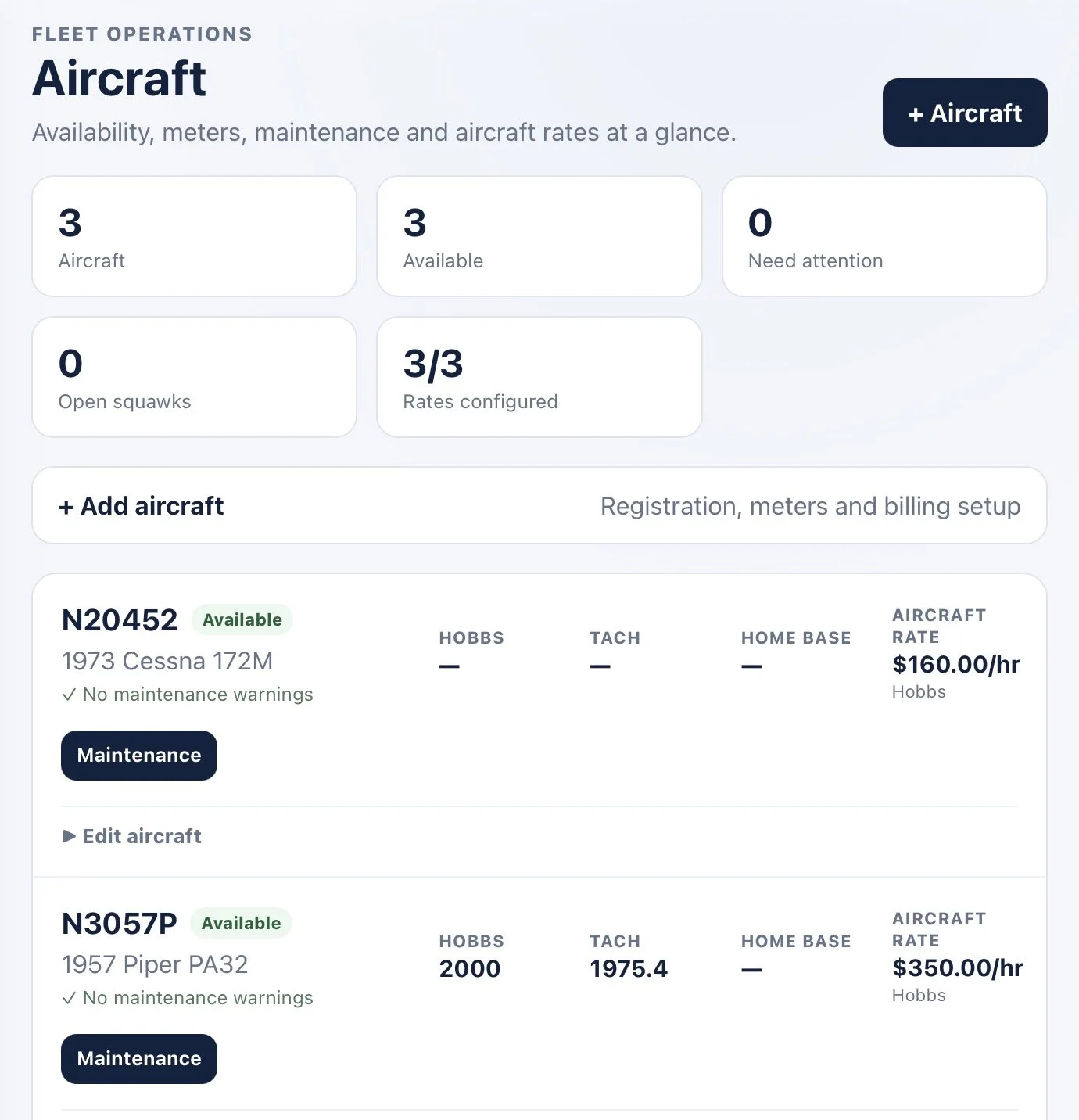 Screenshot of a fleet management dashboard showing aircraft details, including aircraft types, statuses, maintenance options, and rates for a Cessna 172M and a Piper PA32.