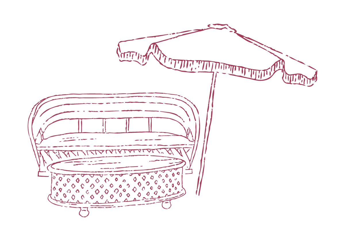 Hand-drawn illustration of a sofa and umbrella.