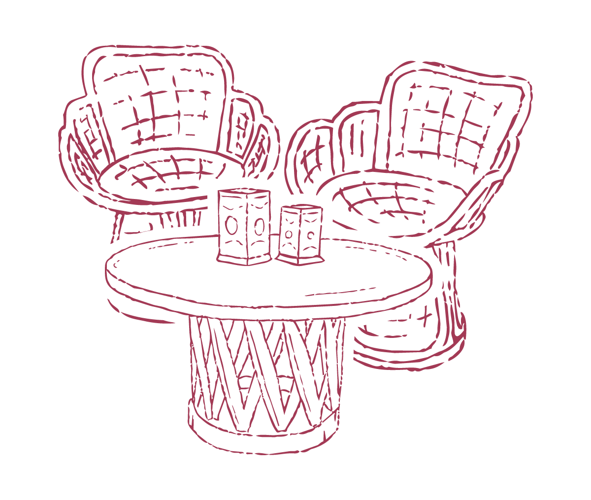 Hand-drawn illustration of two upholstered armchairs behind a round coffee table with two rectangular candle holders.