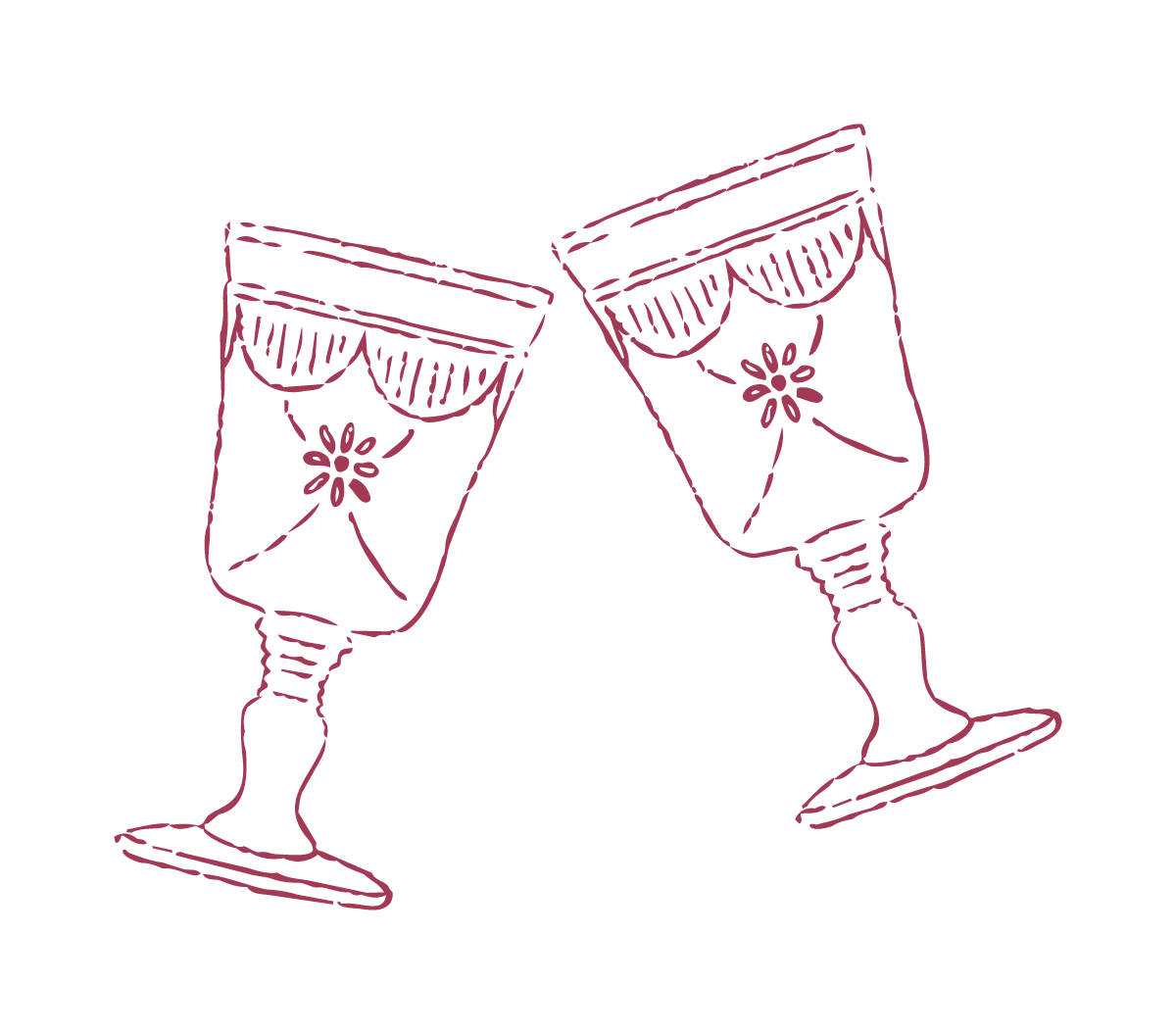 Hand-drawn illustration of two decorated wine glasses with floral designs on a black background