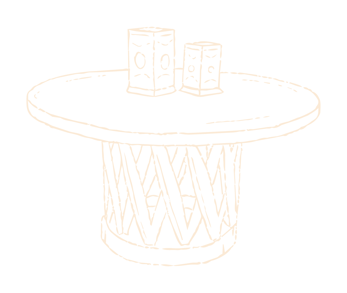 Hand-drawn illustration of a round table with two candles as a centerpiece.