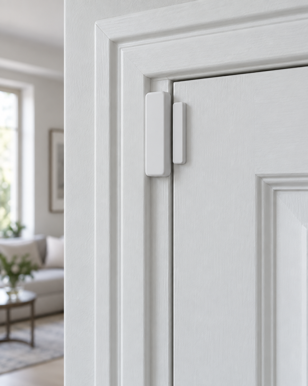 Two-piece white door contact sensor installed on an interior door and frame