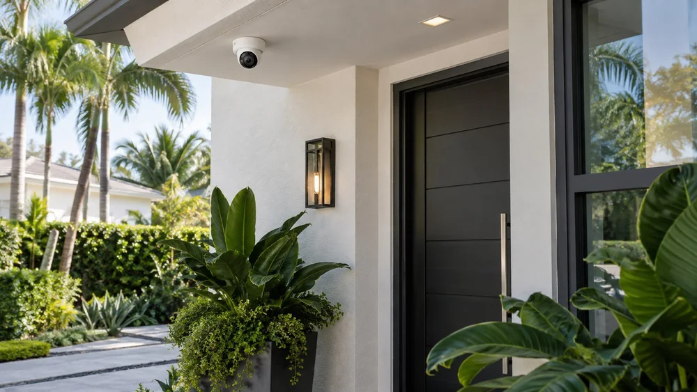 White security camera beneath a modern entry soffit