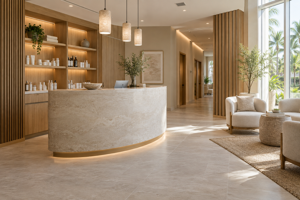 Spa reception with a stone counter and waiting area