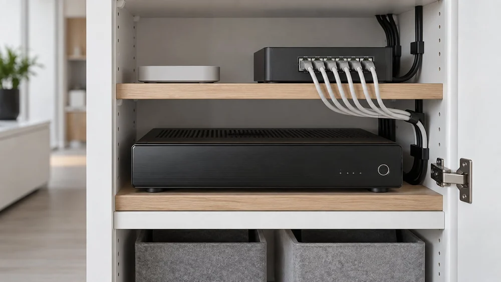 Organized recorder and network cabling inside a cabinet