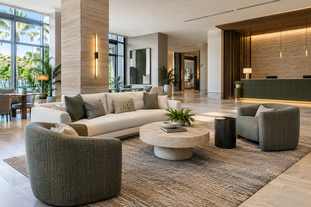 Hotel lobby lounge with comfortable seating and reception beyond