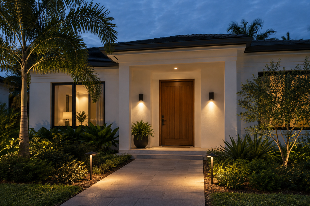 Exterior entry with warm wall sconces, porch light and low path lighting at dusk