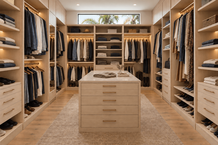 Custom oak walk-in closet with hanging storage, drawers and a central island