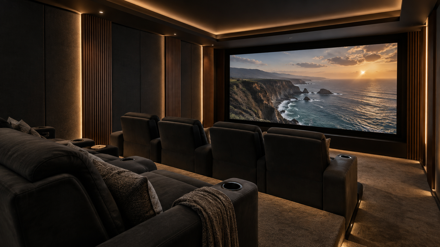 Home theater with a large projection screen and tiered seating