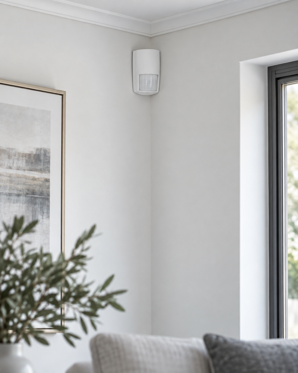 White motion detector mounted high in the corner of a living room
