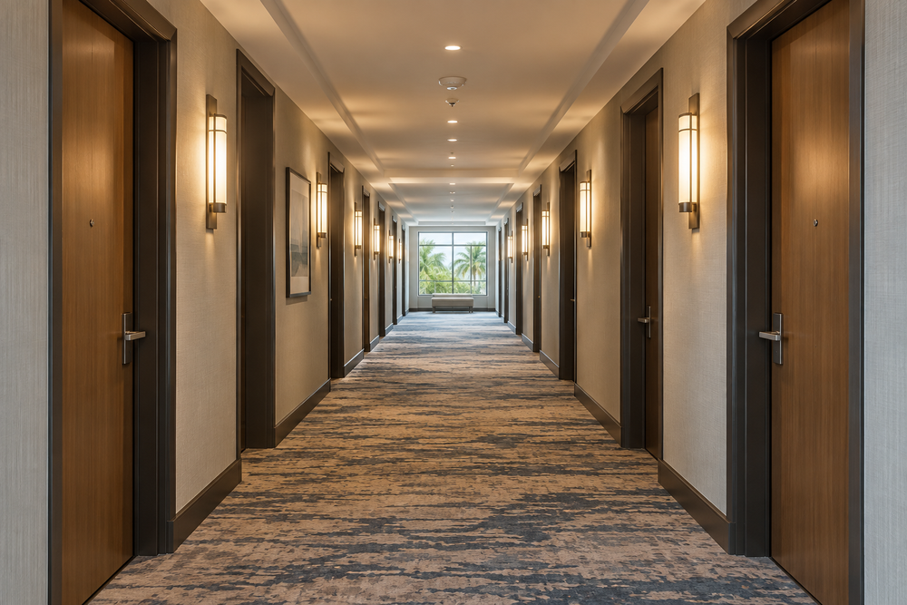 Hotel guest corridor with wall lighting and room entrances