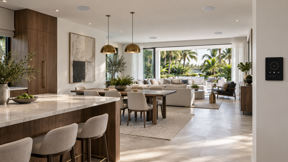 Open-plan home with ceiling speakers and wall-mounted audio controls