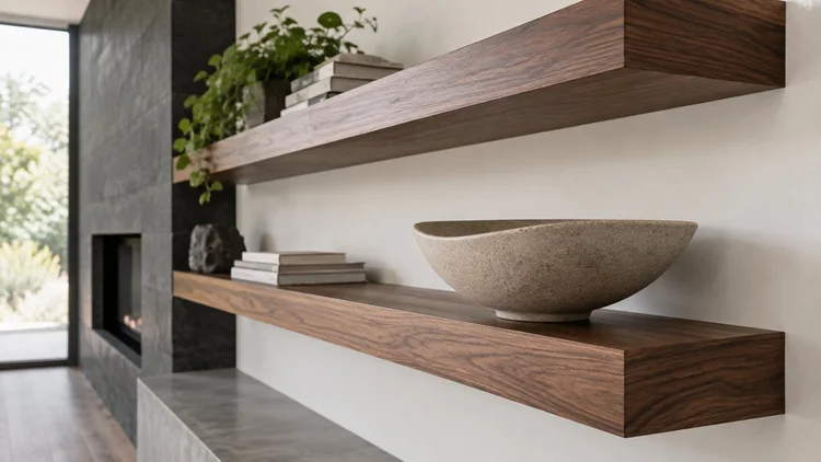 Close-up of thick floating wood shelves and decorative display