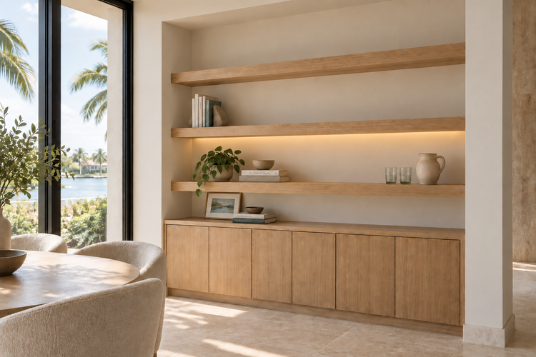Light oak floating shelves above storage cabinets with understated accent lighting