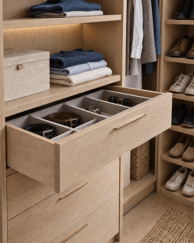Custom closet drawer with divided accessory storage and adjacent shoe shelving
