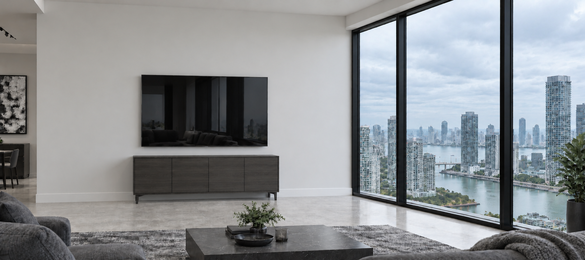 Modern living room with large windows overlooking a city skyline and river, featuring a wall-mounted TV, a dark wood media console, a coffee table with decor, and plush seating.