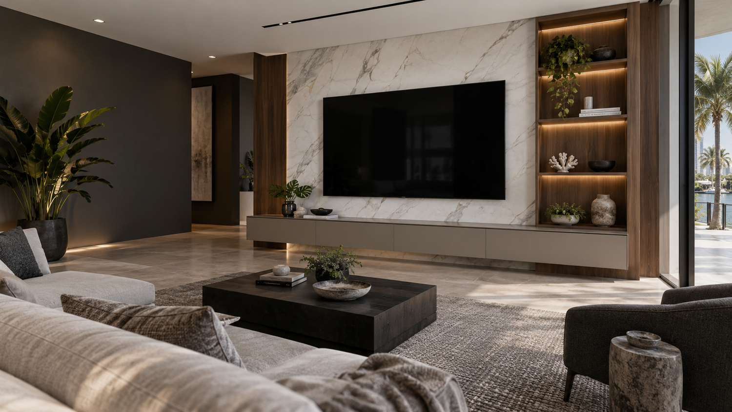 Concept for a custom media wall with a floating console and illuminated walnut shelving