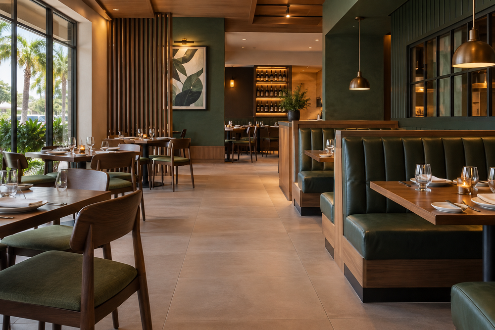 Restaurant dining room with booth seating and pendant lights